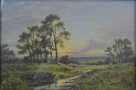 L Richards oil on canvas sunset over an extensive landscape with sheep, signed lower left, 39 x