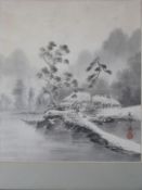 Japanese watercolour of a figure raking grass, with script verso