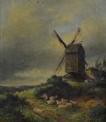 Henry Maurice Page (1845-1908) oil on canvas windmill with shepherd and sheep to foreground,