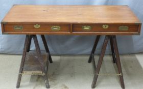 Mahogany campaign desk with two drawers, brass handles, escutcheons and fittings and folding trestle