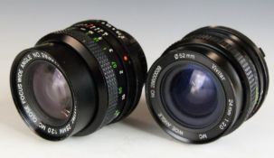 Two Vivitar SLR camera lenses comprising 24mm 1:2.0 and 28mm 1:2.0, both with Minolta mounts