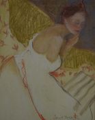 Janet Treby (b1955) pastel of a lady in white dress, signed lower right, 66 x 53cm, in gilt frame