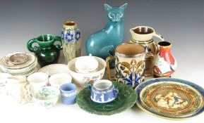 Two majolica plates / chargers, 19thC tea ware, probably Newhall, Wedgwood, Royal Doulton