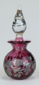 Laugharne cranberry glass scent bottle with 'silver' overlaid decoration of flowers and clear