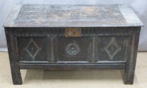 18thC oak coffer with Tudor Rose carved decoration, W120 x D48 x H64cm