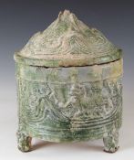 Chinese Han dynasty green glazed terracotta covered censer or hill jar raised on three feet with