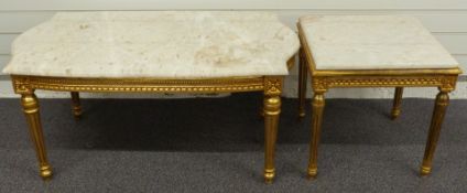 Two continental giltwood and marble topped coffee tables, the largest with serpentine ends, both