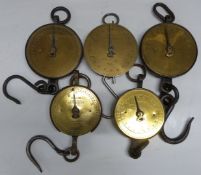 Five Salter spring balances with circular brass dials comprising MMB branded 20M 40lb, No 80 20lb,