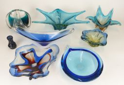 Eight pieces of Murano and similar blue glassware including bowls and vases, largest 34cm long.