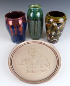 Hugh Veater for Blagdon Pottery, two Blagdon lustre studio pottery vases, incised charger 'Potter On