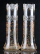 Pair of Moser clear cut glass vases with enamel decoration, 28.5cm tall.