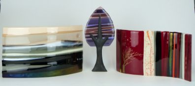 Three pieces of art glass by Scott Irvine, one in the form of a tree, numbered 18, H31.5cm, one