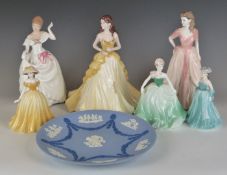 Six Coalport figurines and Wedgwood tri colour plate
