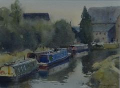 Trevor Chamberlain ROI (b 1933) watercolour canal scene with boats 'Narrowboats on the Stour',