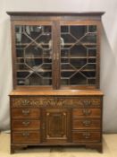 19thC astragal glazed inlaid secretaire bookcase with multiple compartments, central cupboard to