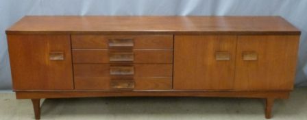 Retro G Plan style sideboard with four drawers flanked by cupboards, W214 x D48 x H74cm