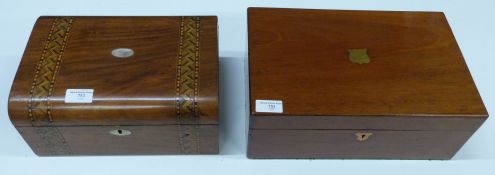 Two 19thC wooden boxes, one with Tunbridge decoration and one a writing slope, largest W34cm