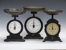 Three sets of Salter scales comprising 14lb and 28lb Salter's Improved Family Scale together with