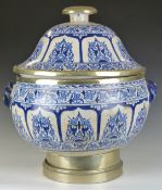 An 18th/19thC Islamic Hispano Moresque twin handled pedestal covered vessel with metal mounts on
