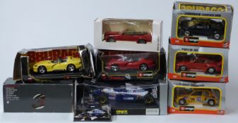 Nine Burago, Minichamps, Onyx and similar diecast model vehicles including Paul's Auto Art F1,