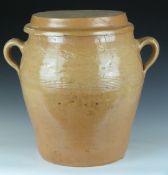 A large twin handled covered pottery crock, H42cm