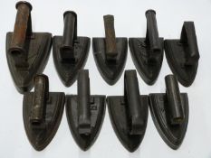 Nine flat irons, all but one of number 1 size, makes include J&J Siddons, ED Sheldon, Cannon, Crane,