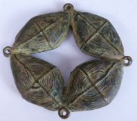 African tribal bronze/metal kola nut gold weight, probably Baule, Ivory Coast, diameter 6cm