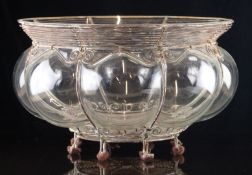 A wire mounted clear glass centrepiece bowl, 36cm in diameter.