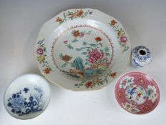 An 18thC Chinese export bowl, famille rose saucer, Hoi An and Tek Sing Cargo vase and dish