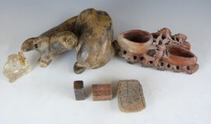 Chinese rock crystal Buddha, seals and soapstone recumbent horse figurine, tallest 16cm