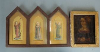 A 19/20thC triptych icon and a picture behind glass of a 19thC lady, largest 27 x 43cm