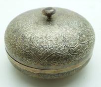 Indian white metal lidded bowl with foliate decoration, diameter 9cm