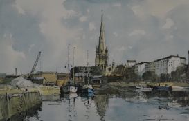 Edward Wesson (1910-1983) signed print Bristol harbour scene with boats and church beyond, with