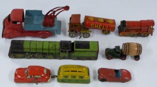 Eight Brimtoy, Mettoy, Scalex, Tri-ang Minic and similar clockwork tinplate vehicles including