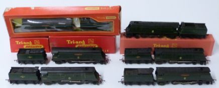 Six Tri-ang, Hornby and similar 00 gauge model railway BR Bulleid Pacific locomotives, some in