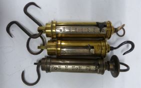 Three Salter patent large cylindrical spring balances with nickel scales, comprising 30, 60 and 80lb