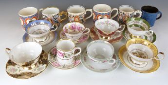 Decorative teaware including Royal Worcester inside decorated cups, Royal Grafton, Grosvenor, Dame
