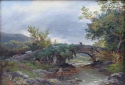Henry Maurice Page (1845-1908) oil on canvas bridge with figure crossing and fisherman in the