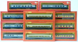 Eleven Tri-ang Hornby 00 gauge model railway passenger coaches comprising three rakes of coaches,
