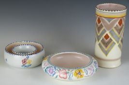 Three pieces of retro Poole pottery including a vase with geometric decoration, H17cm