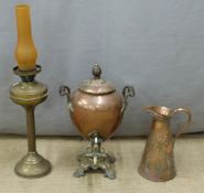 Art Nouveau copper jug, samovar and a brass oil lamp, H66cm