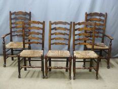 Set of five (2+3) ladder back rush seated dining chairs