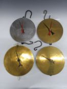 Four Salter milk spring balances comprising No 57 with chrome dial, No57 with brass dial, Fullwood
