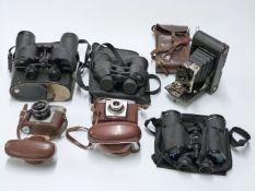 Cameras and binoculars including Chinon 10x50, Tasco 10x50, Kodak Coloursnap 35 and a Kodak