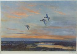 Peter Scott (1909-1989) signed print three mallards in flight, with blind stamp to margin, 38 x