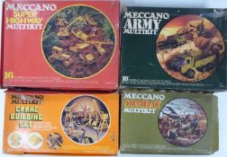 Four Meccano Multikit sets comprising crane, super highway, combat and army, together with a