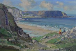 Rowland Hill (Irish 1915-1979) oil on board two girls talking on cliffs above a sandy beach with