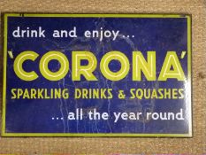 Corona vintage enamel advertising sign 'Drink and enjoy Corona sparkling drinks and squashes all
