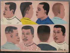 African haircut board hand painted on canvas and signed Chims 98, probably Kinyozi, purchased by the