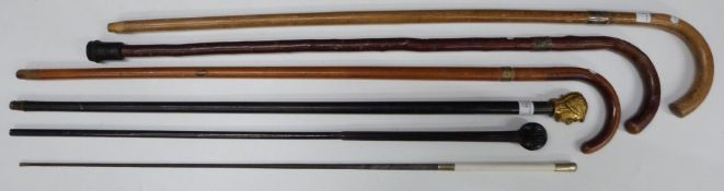 Swaine riding crop, walking sticks and canes including reeded Victorian example, hallmarked silver